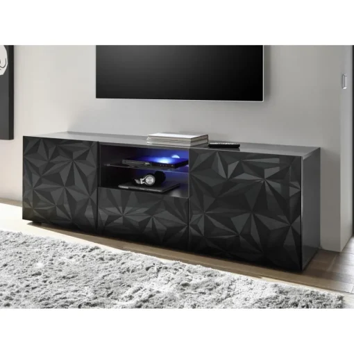 3S. x Home Meuble TV deux portes et un tiroir PRISMA laqué anthracite brillant