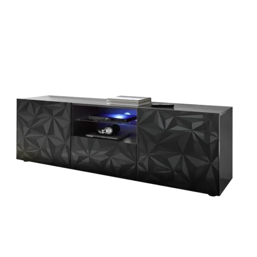 3S. x Home Meuble TV deux portes et un tiroir PRISMA laqué anthracite brillant