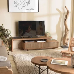 Macabane Meuble TV modulable 140x40cm 2 tiroirs en bois teck recyclé Discount