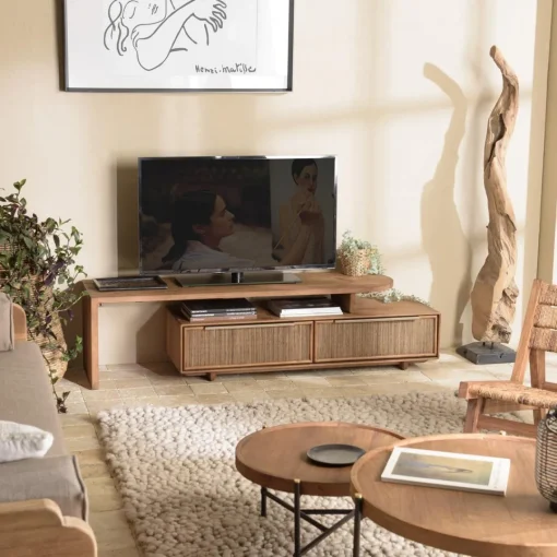 Macabane Meuble TV modulable 140x40cm 2 tiroirs en bois teck recyclé Discount