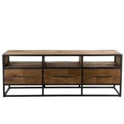 Macabane Meuble Tv SIXTINE 3 Niches 3 Tiroirs Bois Teck Recyclé Et Métal Sale