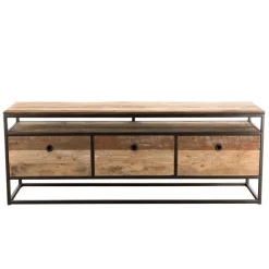 Macabane Meuble Tv SIXTINE 3 Tiroirs Bois Teck Recyclé Acacia Mahogany Et Métal Discount