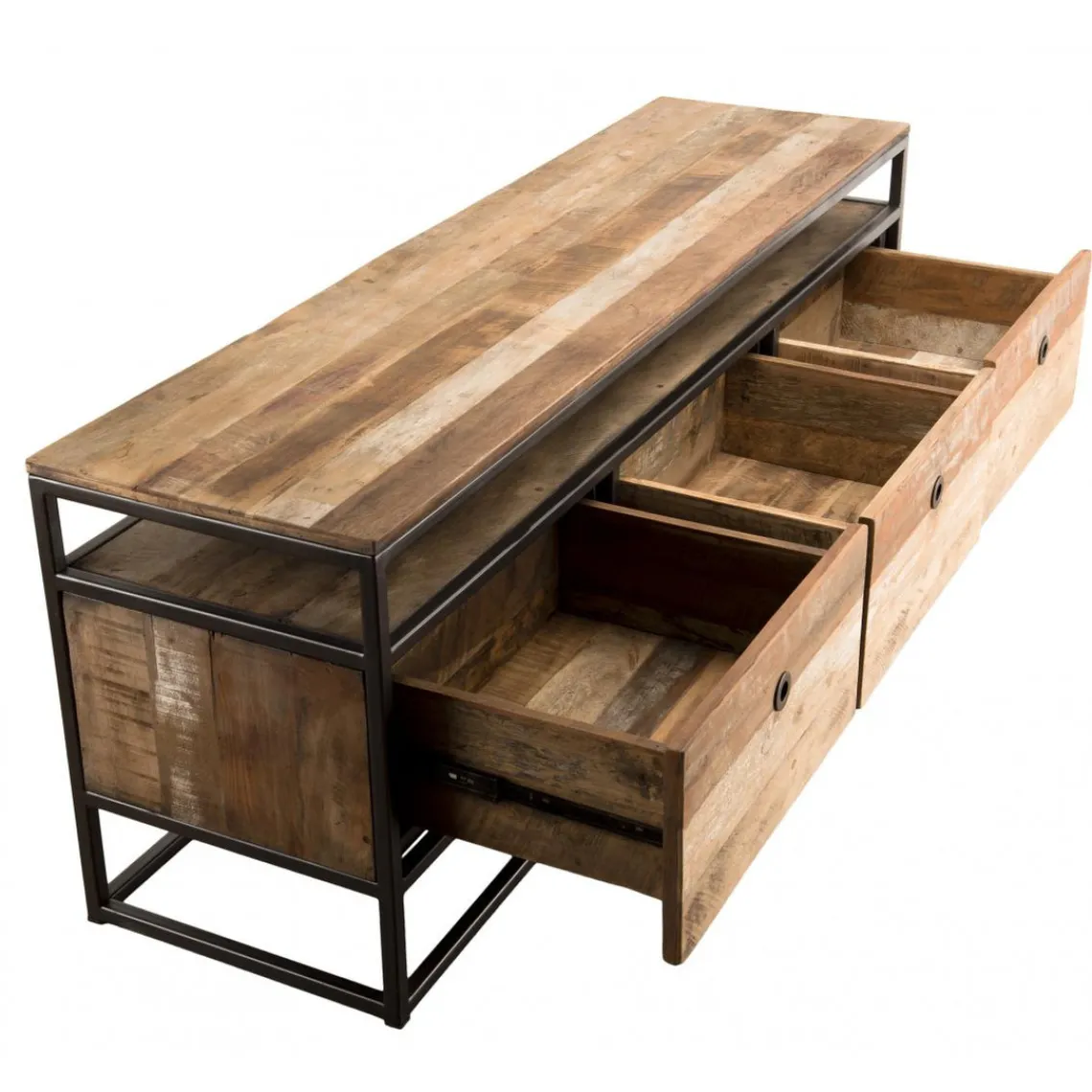 Macabane Meuble Tv SIXTINE 3 Tiroirs Bois Teck Recyclé Acacia Mahogany Et Métal Discount