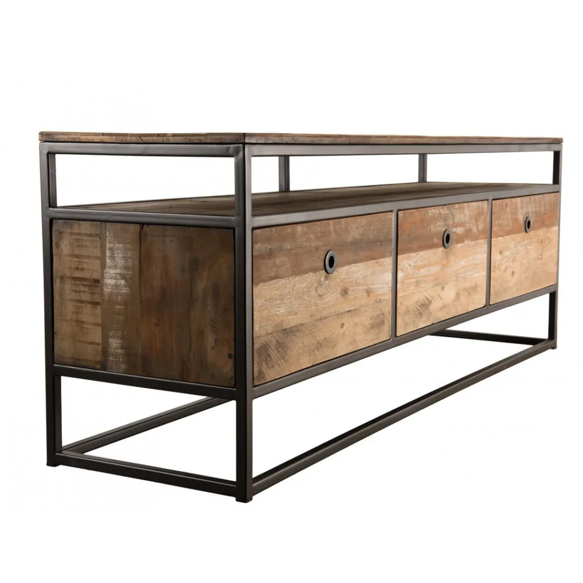 Macabane Meuble Tv SIXTINE 3 Tiroirs Bois Teck Recyclé Acacia Mahogany Et Métal Discount