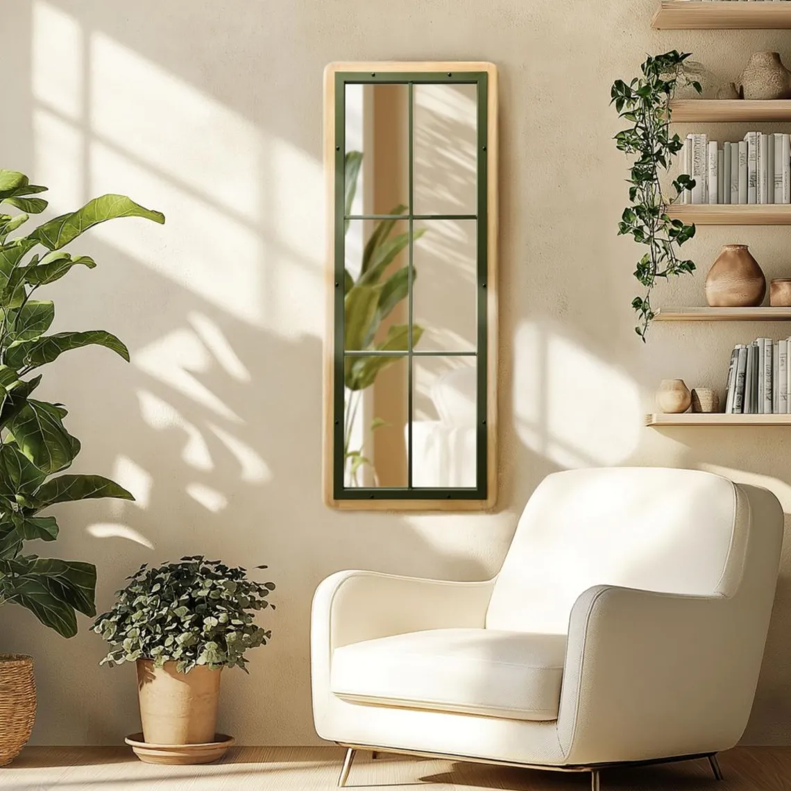 Macabane Miroir rectangulaire esprit verrière pin et métal vert HELENA Outlet