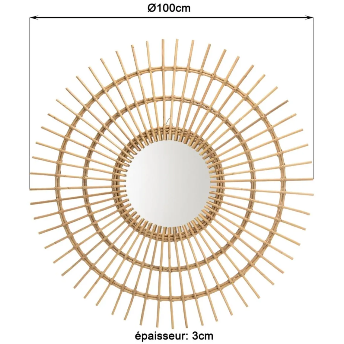 Macabane Miroir rond modèle soleil en rotin couleur brun miel KALLY Sale