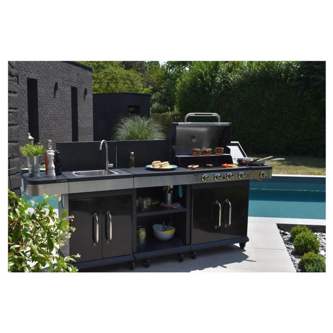 Cook'In Garden Pack Barbecue gaz FIDGI 4 Brûleurs avec desserte et évier avec Housse et Coffret 3 pièces aimantés Online