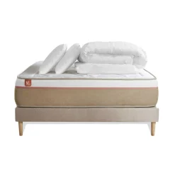 Marmottes & Co Pack prêt a dormir matelas LE SOYEUX Ressorts ensaches Memoire de forme BioVisco sommier Beige Hot