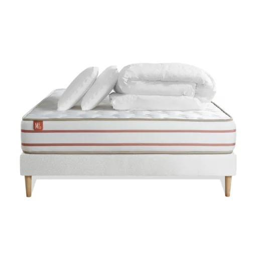 Marmottes & Co Pack prêt a dormir matelas LE DOUX Memoire de forme sommier Blanc et 2 oreillers couette Best
