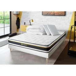 Sleepfit Pack prêt a dormir matelas SOFT sommier kit blanc 2 oreillers memoire de forme Couette Percale Sale