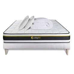 Sleepfit Pack prêt a dormir matelas SOFT sommier kit blanc 2 oreillers memoire de forme Couette Percale Sale