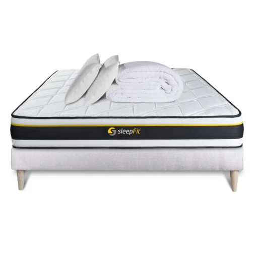 Sleepfit Pack prêt a dormir matelas SOFT sommier kit blanc 2 oreillers memoire de forme Couette Percale Sale