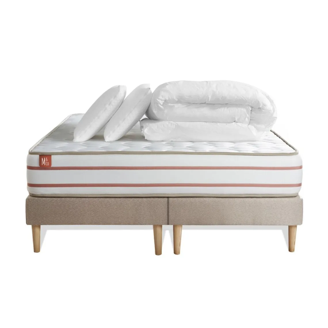 Marmottes & Co Pack prêt a dormir matelas LE DOUX Memoire de forme double sommiers Beige 2 oreillers couette Outlet