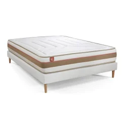 Marmottes & Co Pack prêt a dormir matelas LE TENDRE Ressorts ensaches Memoire de forme sommier Blanc, 2 oreillers couette New