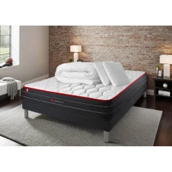 Somness Pack prêt a dormir matelas ressorts ensaches et memoire de forme sommier kit noir Couette 2 oreillers New