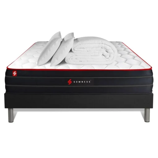 Somness Pack prêt a dormir matelas ressorts ensaches et memoire de forme sommier kit noir Couette 2 oreillers New