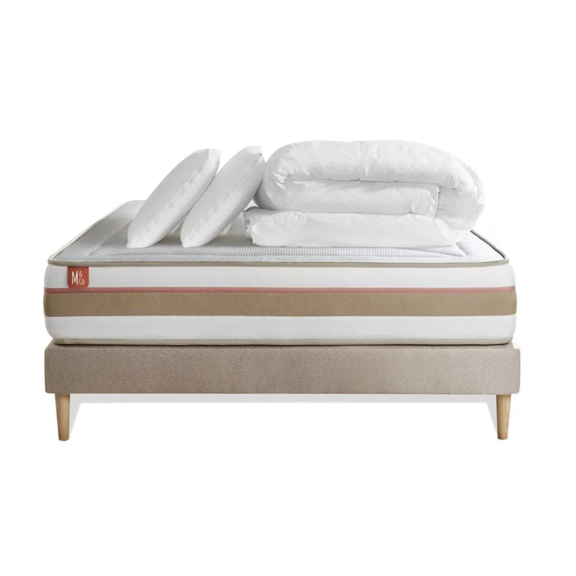 Marmottes & Co Pack prêt a dormir matelas LE TENDRE Ressorts ensaches Memoire de forme sommier Beige,2 oreillers couette Discount