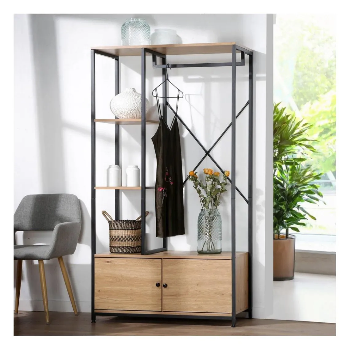 Calicosy Penderie avec étagères et rangements 2 portes en bois Beige Outlet