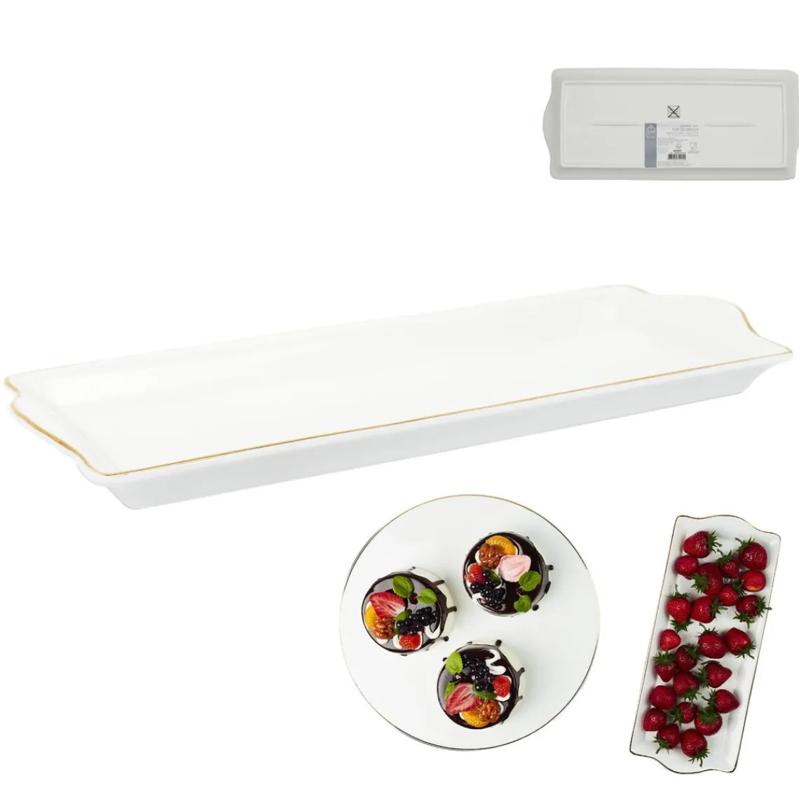 3S. x Home Plat De Service Porcelaine Liseré Doré 34x14cm M12 New