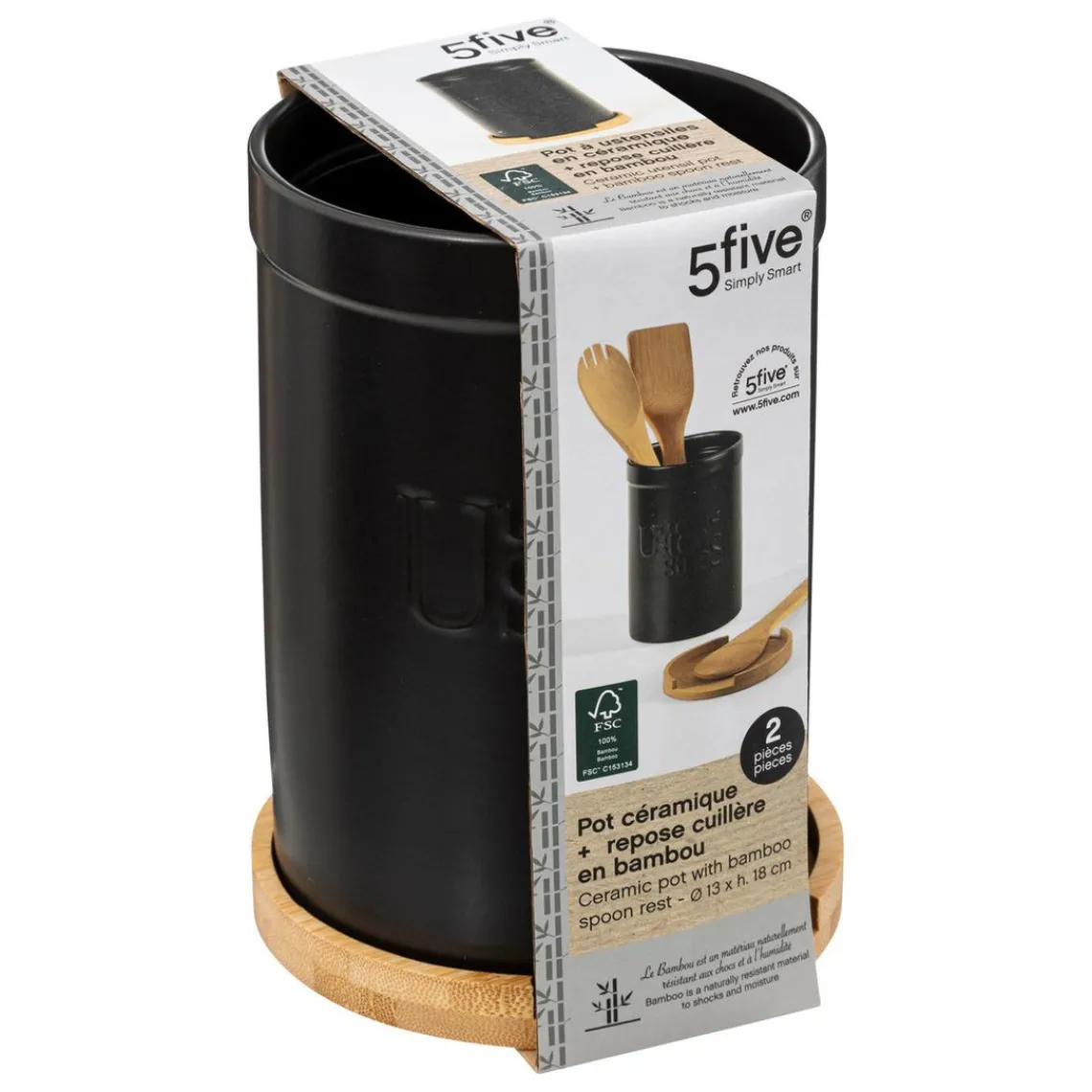 3S. x Home Pot à ustensiles couvercle bambou Noir Clearance