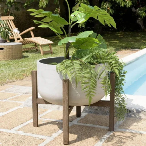 Macabane Pot de fleur rond en béton sur pieds en acacia marron HECTOR