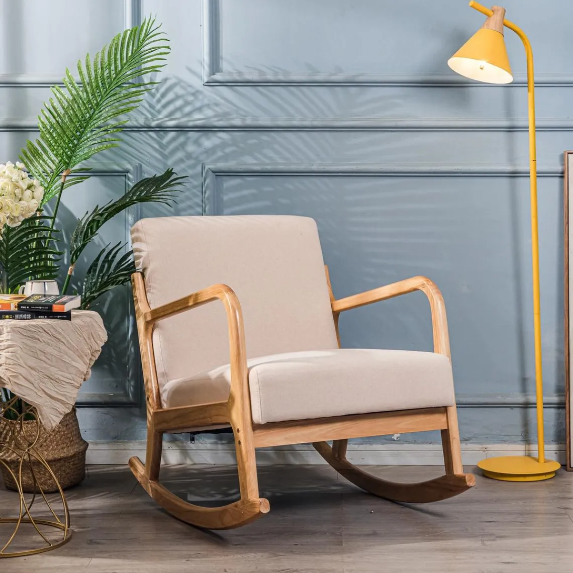 3S. x Home Rocking chair en bois massif et en tissu de couleur beige New