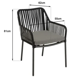 Macabane Salon de jardin 2 personnes Table carrée et 2 fauteuils gris et noirs en cordage Sale