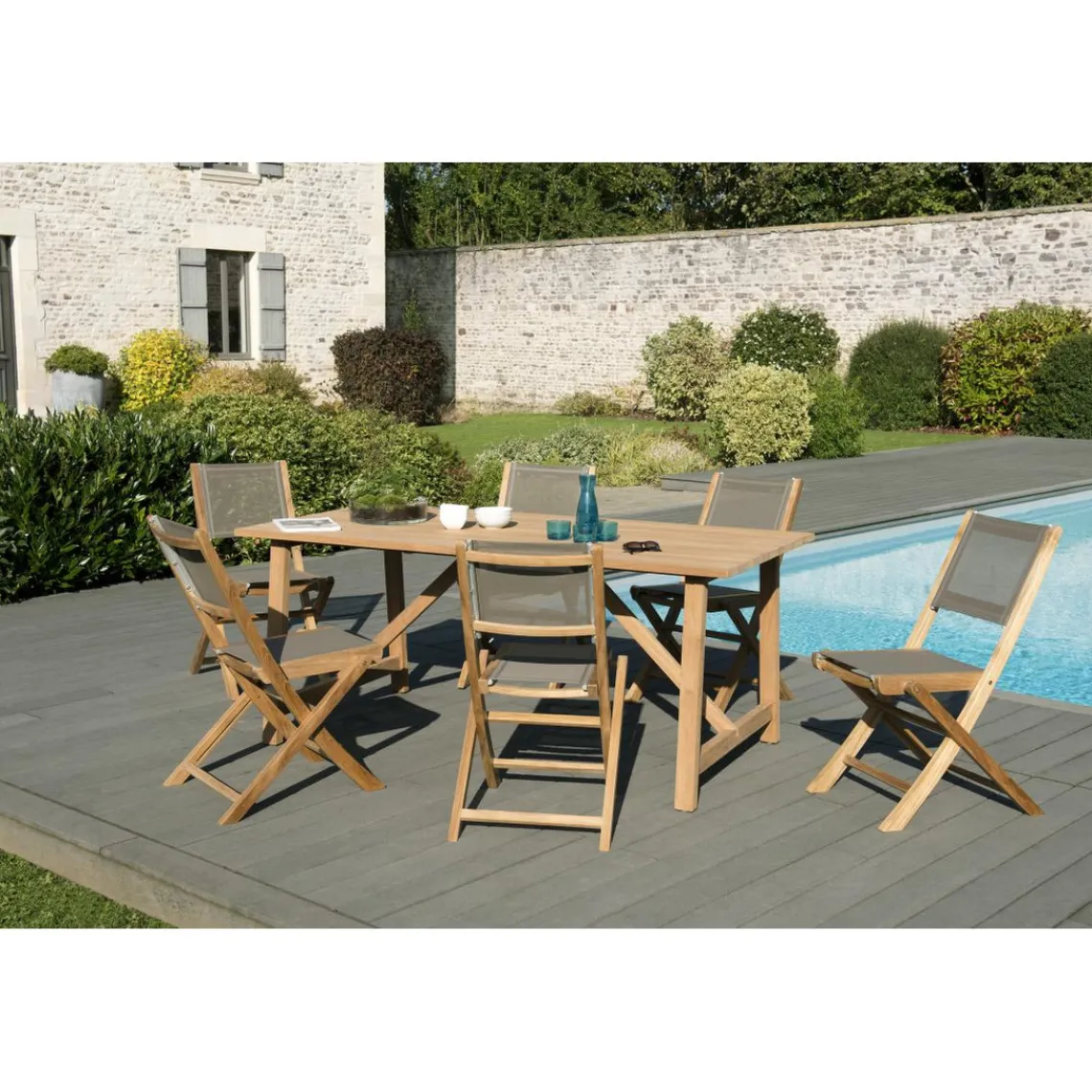Macabane SALON DE JARDIN EN BOIS TECK 6/8 pers - Ensemble de jardin-1 Table rectangulaire 180*90 cm avec 6 chaises textilène taupe Online