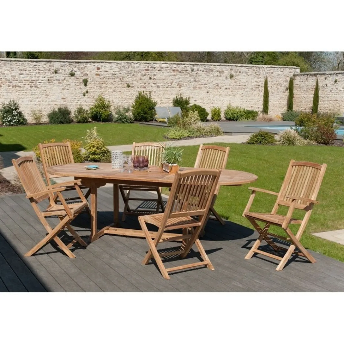 Macabane SALON DE JARDIN EN BOIS TECK 8/10 pers - Ensemble de jardin - 1 Table ovale extensible 180*240/100 cm 4 chaises et 2 fauteuils Outlet