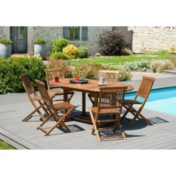 Macabane SALON DE JARDIN EN BOIS TECK HUILE 4/6 pers : Ensemble de jardin -1 Table ovale extensible 120*180/90 cm et 6 chaises Online