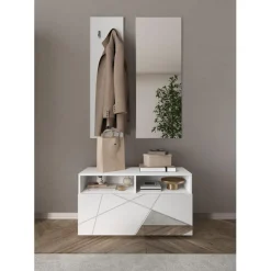 3S. x Home Set de Meuble d'entrée Villaricca coloris blanc serigraphie Miroir L91 cm Hot