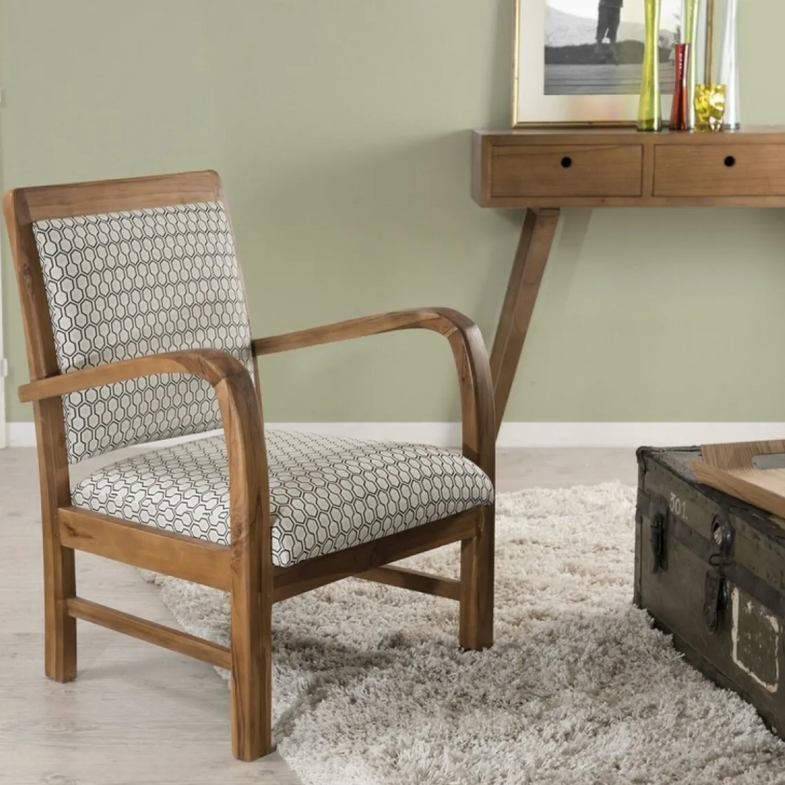 Macabane Sofa en teck et coton imprimé hexagones Scandi Sale