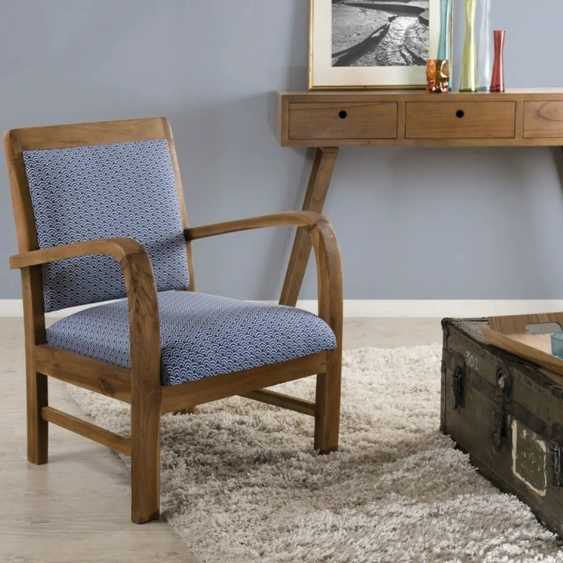 Macabane Sofa en teck et coton imprimé japonais Scandi - imprimé Discount