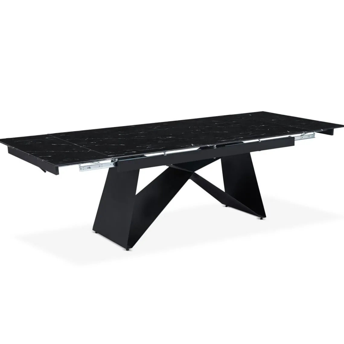 3S. x Home Table à manger extensible Mogarie en Verre effet marbre noir et pieds Métal Noir Clearance