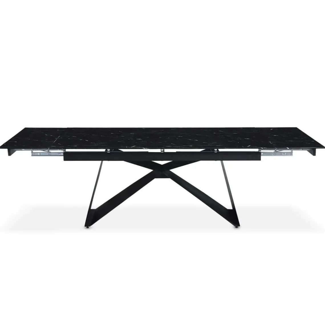 3S. x Home Table à manger extensible Mogarie en Verre effet marbre noir et pieds Métal Noir Clearance