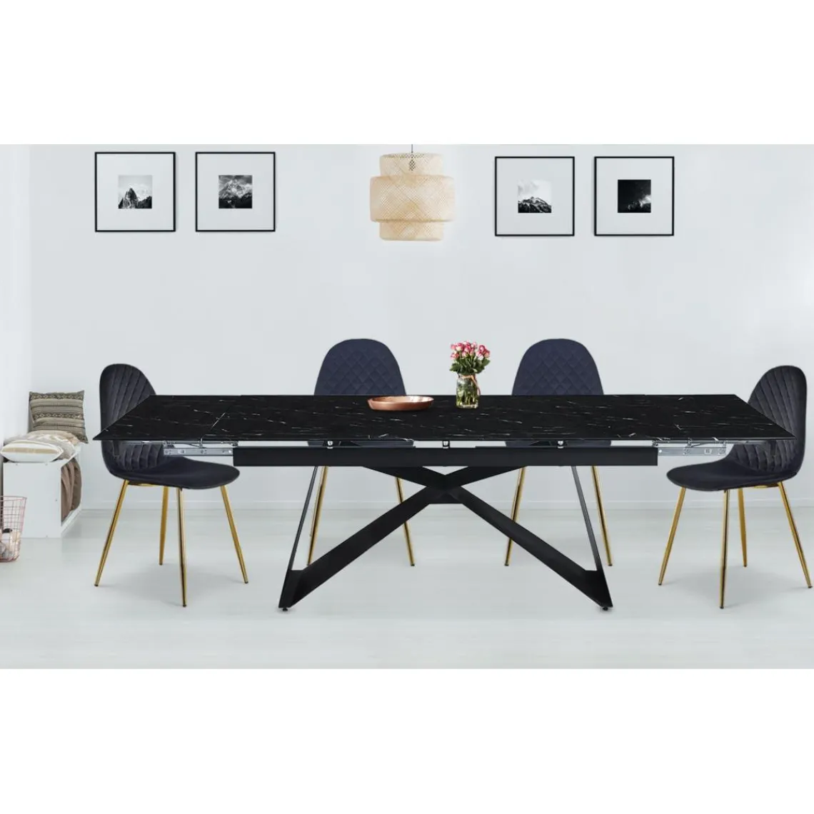 3S. x Home Table à manger extensible Mogarie en Verre effet marbre noir et pieds Métal Noir Clearance