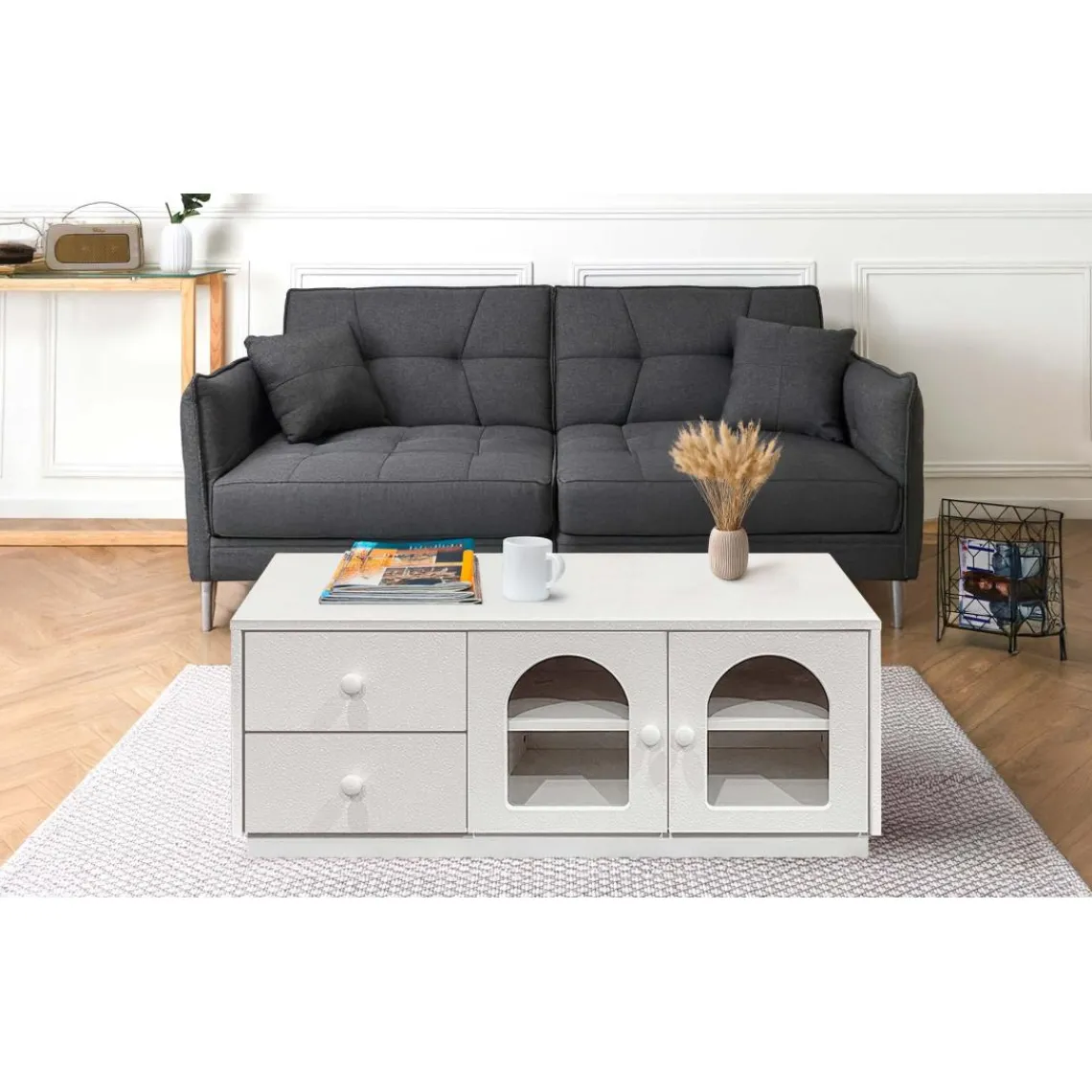 3S. x Home Table basse avec portes et tiroirs style naturel chic Volos Blanc texturé