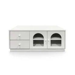 3S. x Home Table basse avec portes et tiroirs style naturel chic Volos Blanc texturé