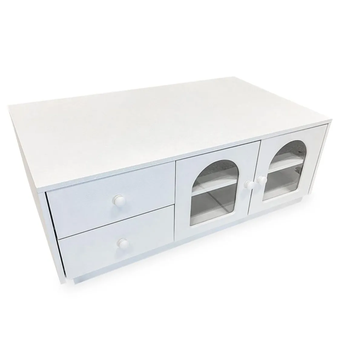3S. x Home Table basse avec portes et tiroirs style naturel chic Volos Blanc texturé