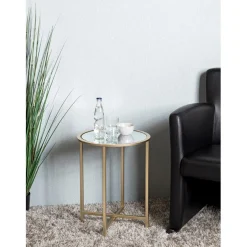 3S. x Home Table d'appoint ronde Dorée en Métal laqué et plateau en miroir New