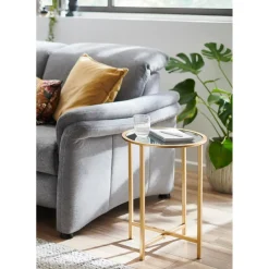3S. x Home Table d'appoint ronde Dorée en Métal laqué et plateau en miroir New