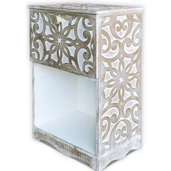 3S. x Home Table de chevet style oriental bois sculpté 1 porte Monbolyto Blanc patiné or Best