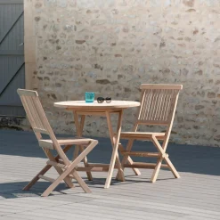 Macabane Table de jardin 2 personnes, ronde pliante 80 x 80 cm en bois Teck Best