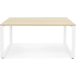 ALTEREGO Table de réunion ou bureau bench 'BAKUS SQUARE' en bois finition naturelle et métal blanc Sale