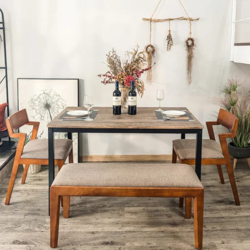 3S. x Home Table de salle à manger en métal noir et en bois Gris Beige Hot