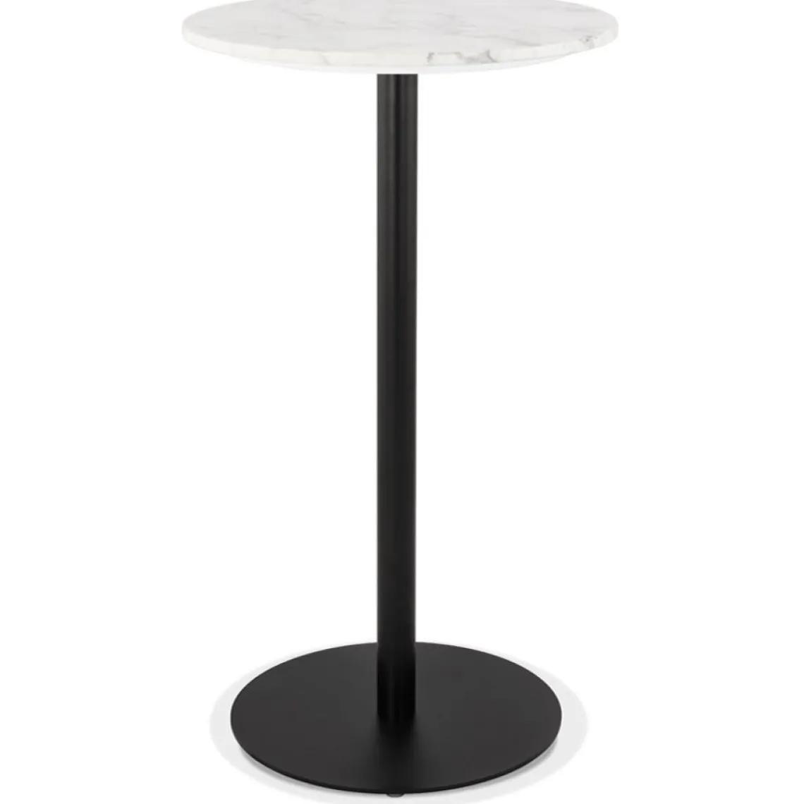 ALTEREGO Table haute ronde 'CORY ROUND' en pierre blanche effet marbre et métal noir