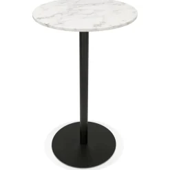 ALTEREGO Table haute ronde 'CORY ROUND' en pierre blanche effet marbre et métal noir