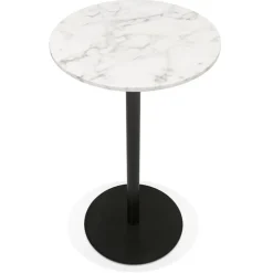 ALTEREGO Table haute ronde 'CORY ROUND' en pierre blanche effet marbre et métal noir
