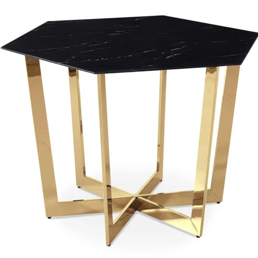 3S. x Home Table hexagonale 120cm Zadig Verre Effet marbre noir et pied Métal Or
