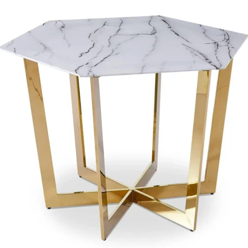 3S. x Home Table hexagonale 120cm Zadig Verre Effet marbre blanc et pied Métal Or Clearance